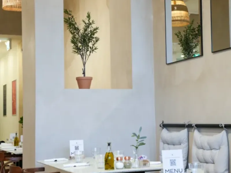 Cozy dining nook with arched mirrors and potted olive tree at Eggstatic Waterdown