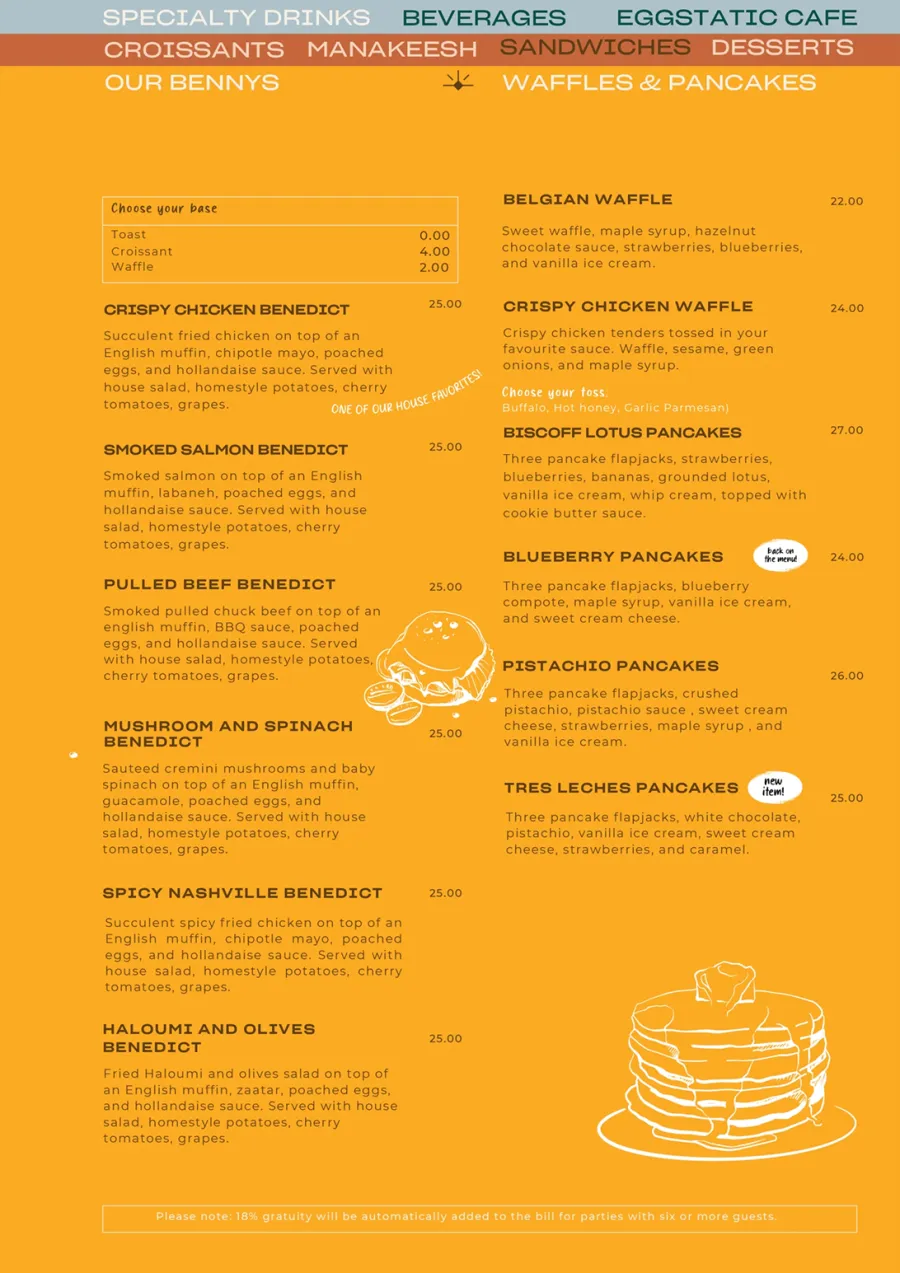 Eggstatic menu: Benedicts and Lotus Biscoff pancakes